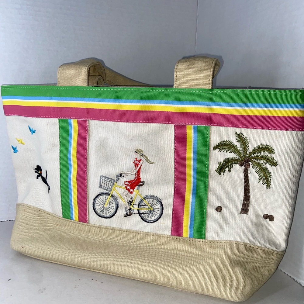 Canvas Beach Tote with Colorful Embroidered Scenes